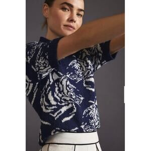 Anthropologie Maeve Divendra Short Sleeve Knit Tiger Blue Sweater, Size Medium